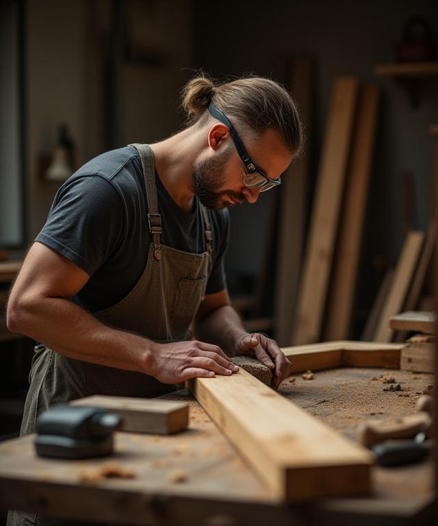 A craftsman from Portico Passage meticulously working on a timber door frame in their well-equipped workshop.
