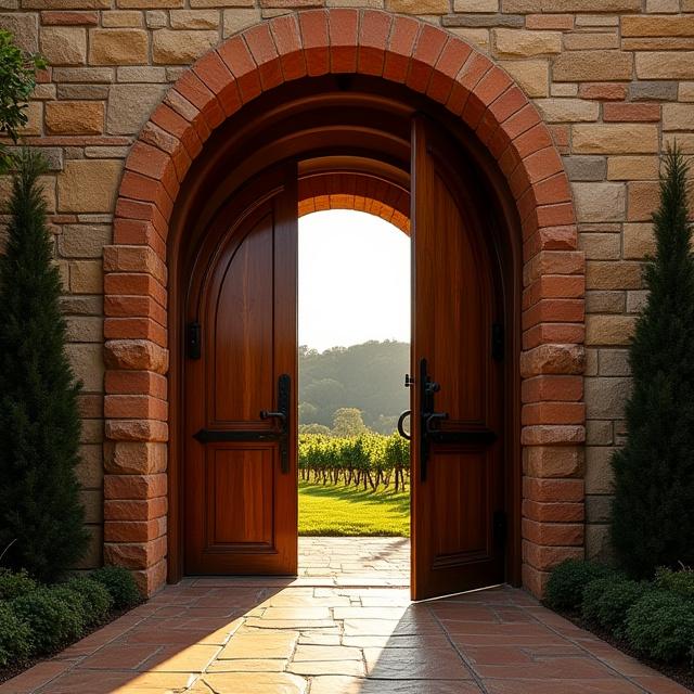 A grand arched double door for a Swan Valley winery, exuding rustic elegance and welcoming visitors.