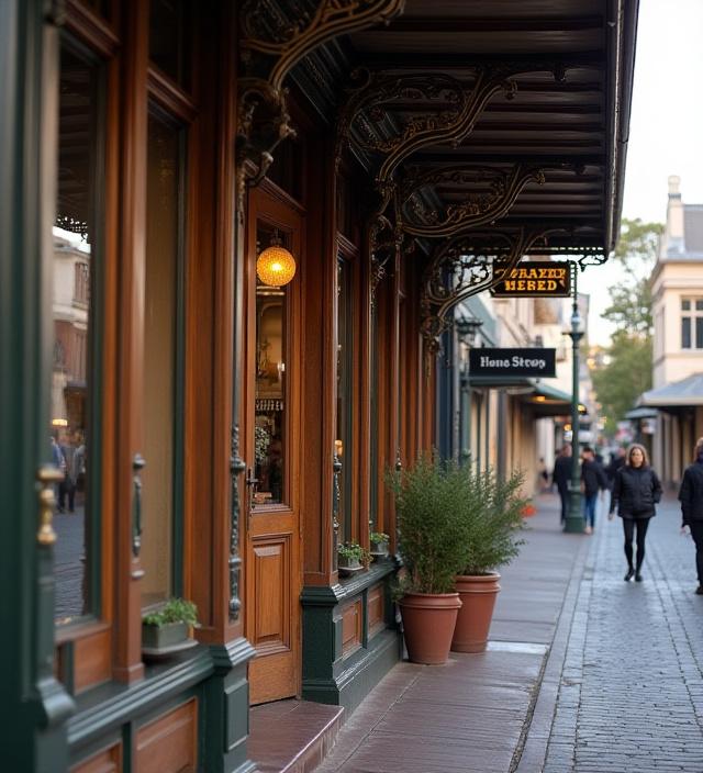 A meticulously restored heritage shop front door in Fremantle's historic district, maintaining its original character.