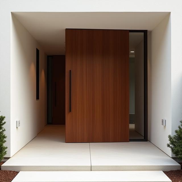 A modern oversized pivot door in a contemporary home featuring sleek lines and rich timber tones.