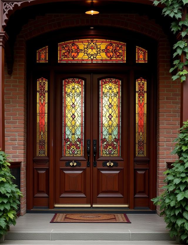 A beautifully restored Victorian-era entrance door with intricate stained glass, preserving period charm.