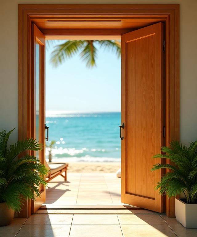 A durable teak door on a luxurious beachfront property, specifically designed to resist coastal weather.