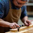 Skilled craftsman using woodworking tools.