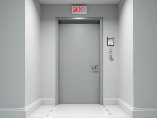 A minimalist fire-rated door with safety certifications.